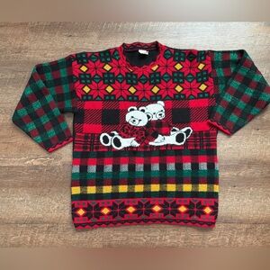 Vintage 90s Holiday Time Christmas Bear sweater Lurex Plaid cute ugly sz L EUC